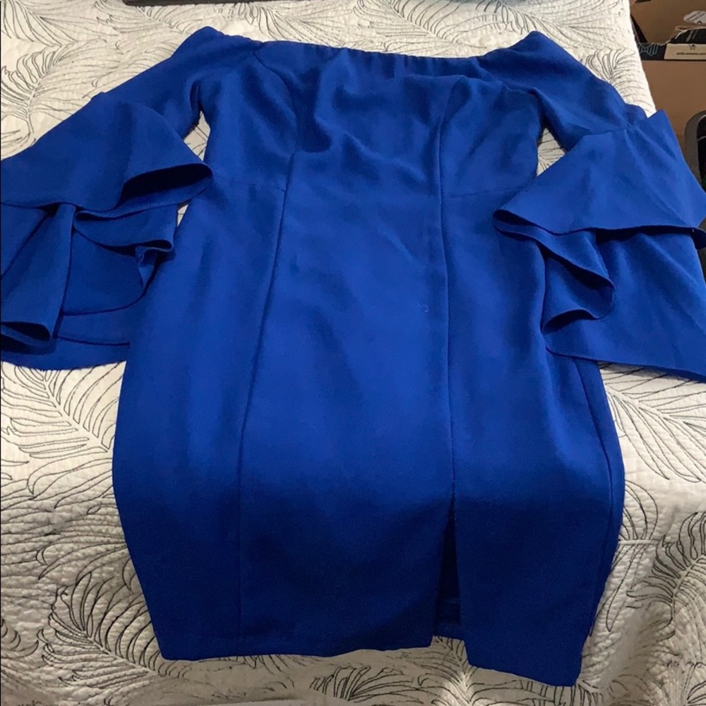 Venus Blue Off The Shoulder Ruffle Sleeve Dress - Picture 7 of 7
